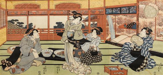 Appraisal: UTAGAWA KUNISADA - ban Triptychon Interior with four beautiful women