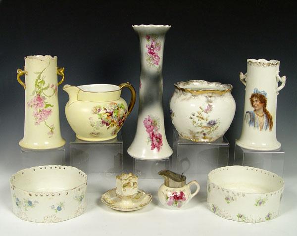 Appraisal: FLORAL DECORATED COTTAGE FRIENDLY WARWICK CHINA To include ferners vases