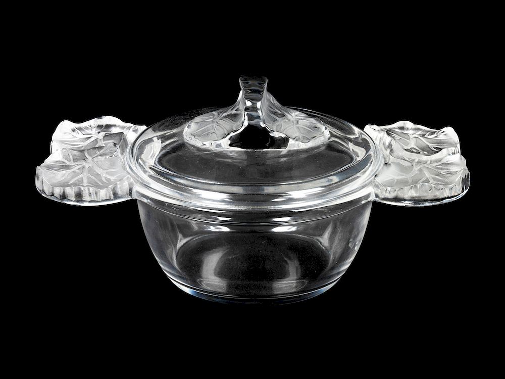 Appraisal: A Lalique Molded and Frosted Glass Lidded Dish Width inches