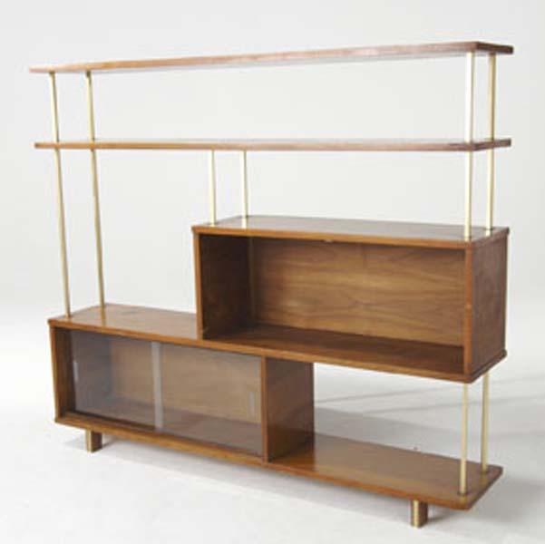 Appraisal: PAUL MCCOBB Room divider with brass uprights walnut shelves and