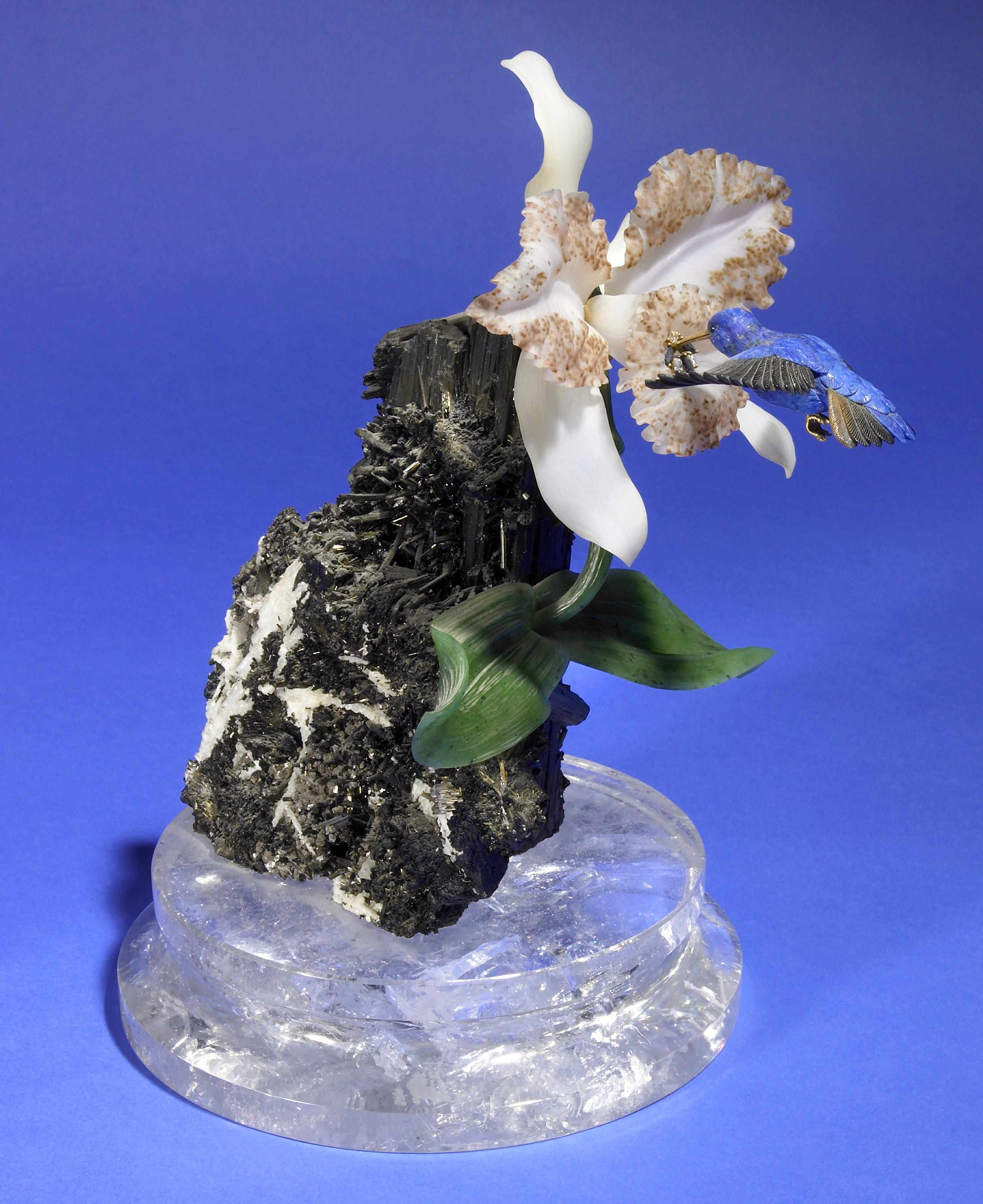 Appraisal: Gemstone Sculpture''Orchid and Hummingbird'' By Gerd DreherIdar-Oberstein Germany One can