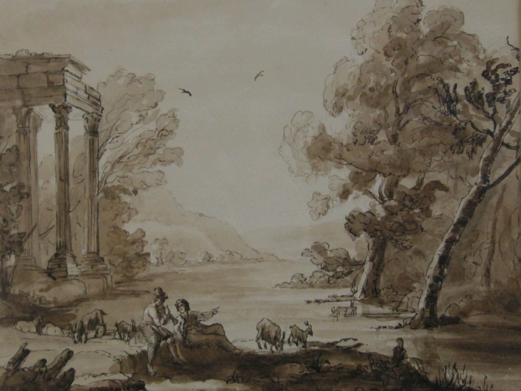 Appraisal: Sepia pen and wash drawing of goat herders in a