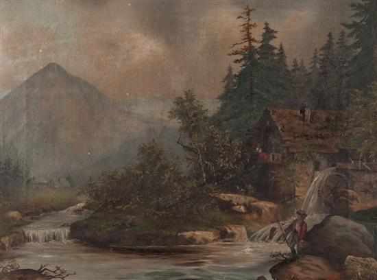 Appraisal: American School th century Landscape with Cabin and Stream oil