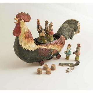 Appraisal: German Rooster Skittle Game German hand painted composition rooster skittle