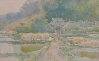 Appraisal: Yamada Baske Japanese - Pagoda Watercolor on paper signed in