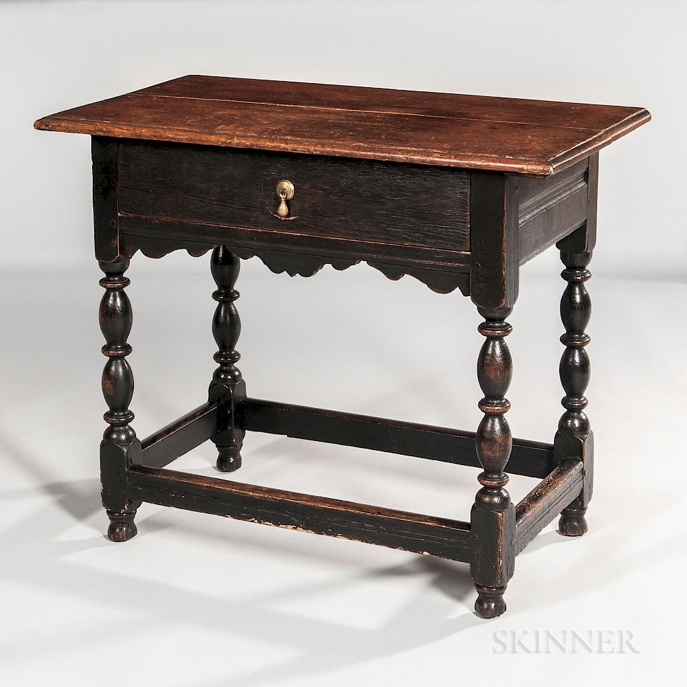 Appraisal: Early Black-painted Oak and Pine Tavern Table with Drawer Early