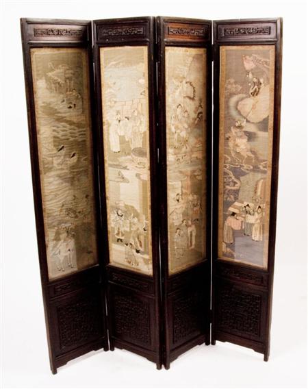 Appraisal: A late th century Chinese four fold screen with silk