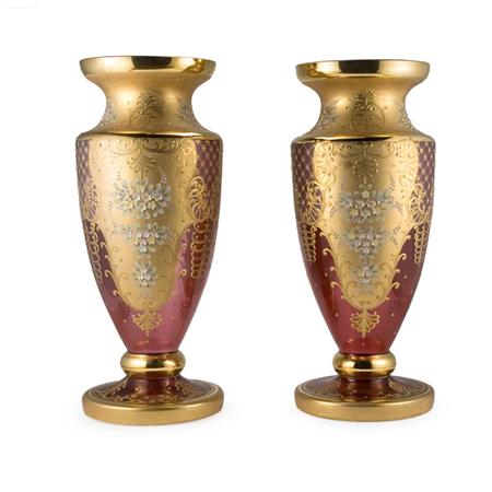 Appraisal: Pair of Moser Style Gilt Enameled and Porcelain Mounted Ruby