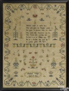 Appraisal: English silk on linen sampler th c wrought by Elizabeth