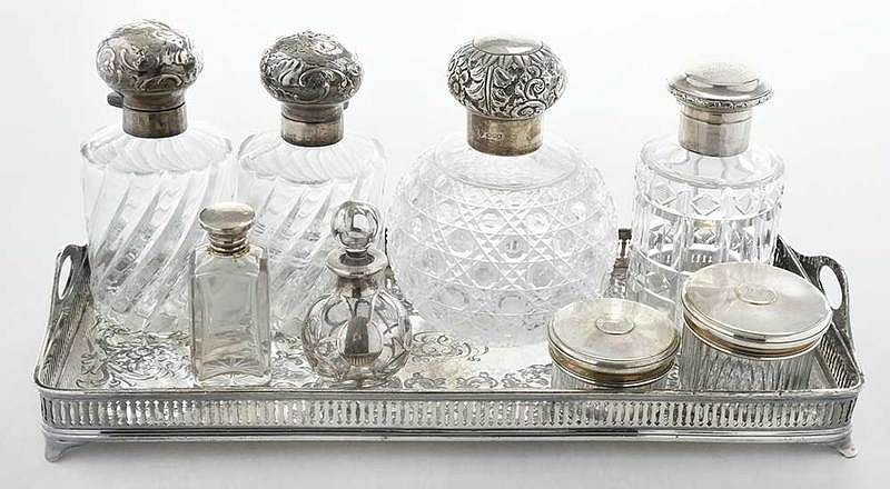 Appraisal: Eight Piece Dresser Set with Silver Plate Tray late th