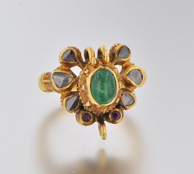 Appraisal: High Karat Gold Emerald and Diamond Ring A high karat