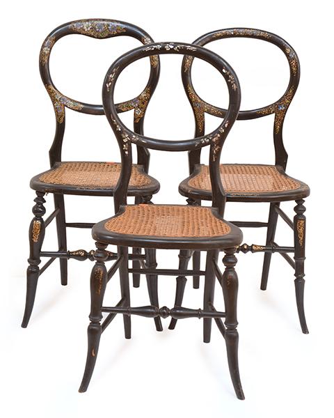 Appraisal: THREE VICTORIAN LACQUER SIDE CHAIRS WITH MOTHER OF PEARL INLAY