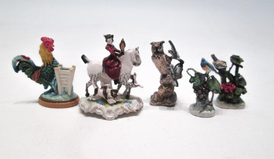 Appraisal: FIVE GOEBEL MINIATURE FIGURES including Rooster Hunt With Hounds Owl-Daylight