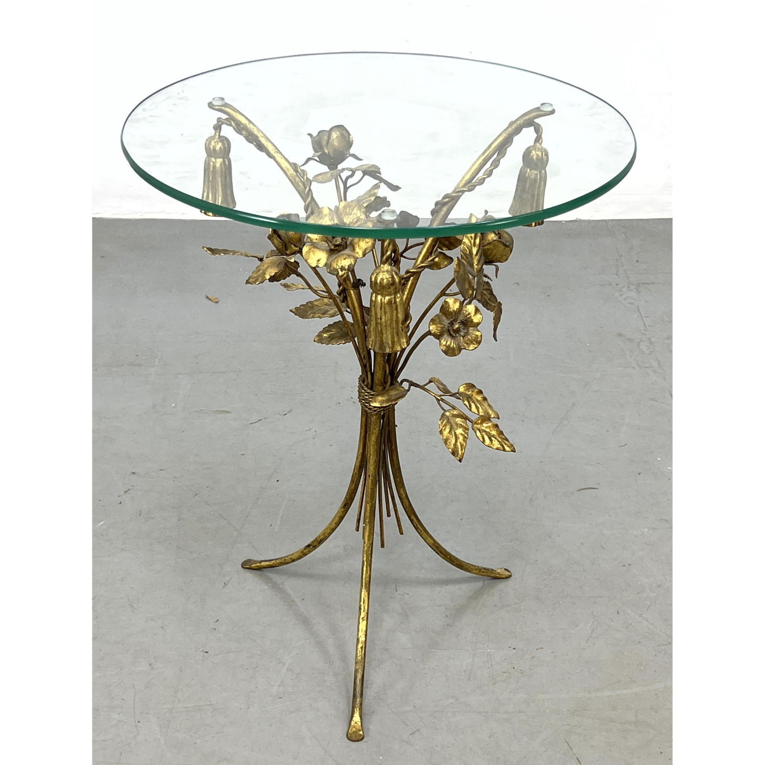 Appraisal: Italian Gilt Iron Floral Toleware Glass Top Side Table Metal