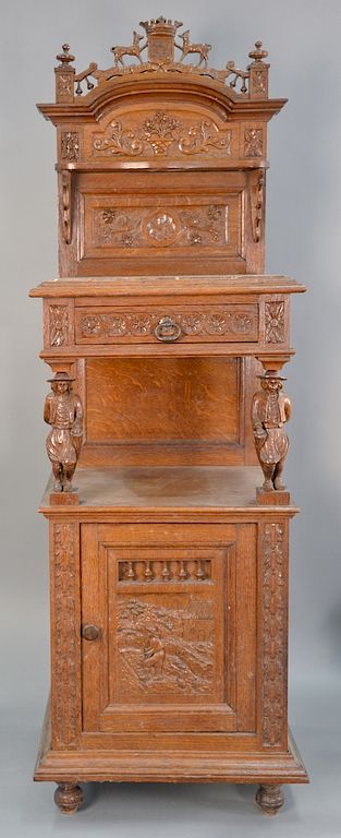 Appraisal: Oak stand with rouge marble top and figural supports ht