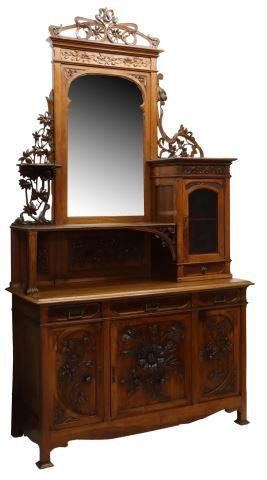 Appraisal: Art Nouveau walnut sideboard server c carved and pierced crest