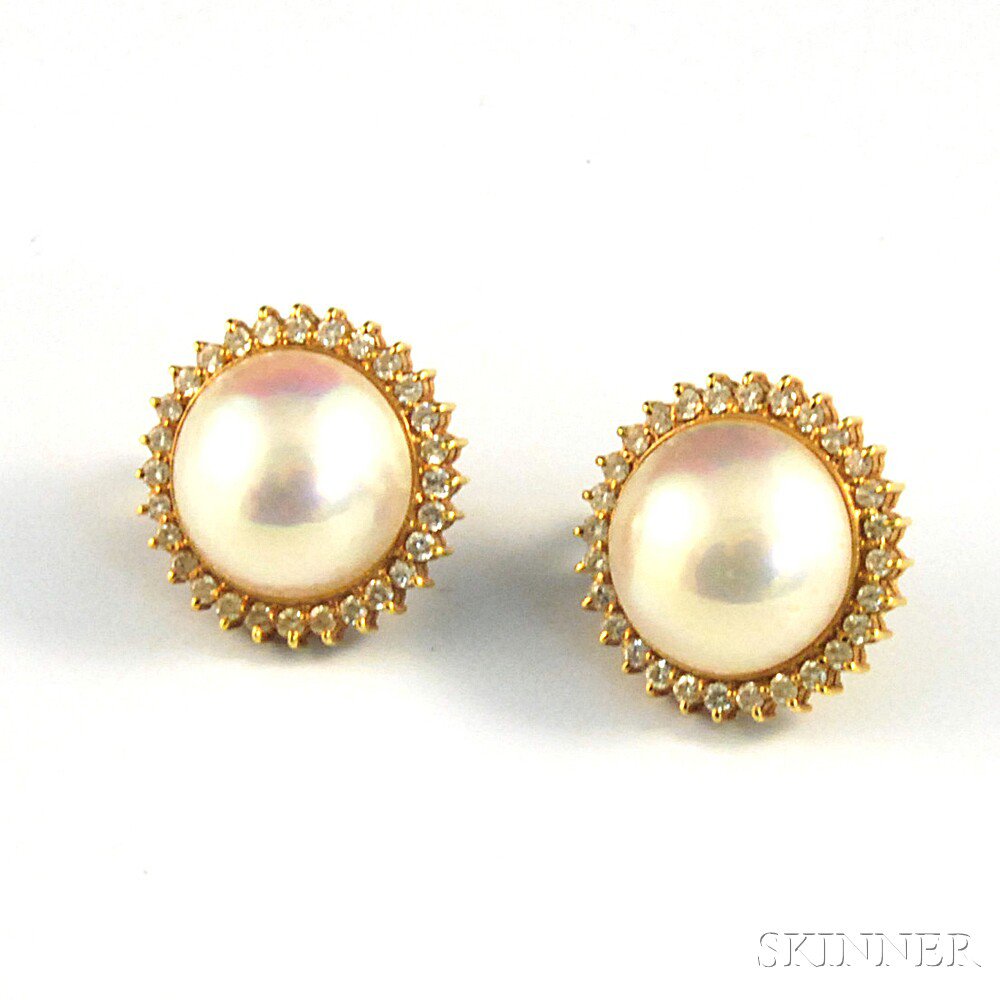 Appraisal: Pair of kt Yellow Gold Mabe Pearl and Diamond Earrings