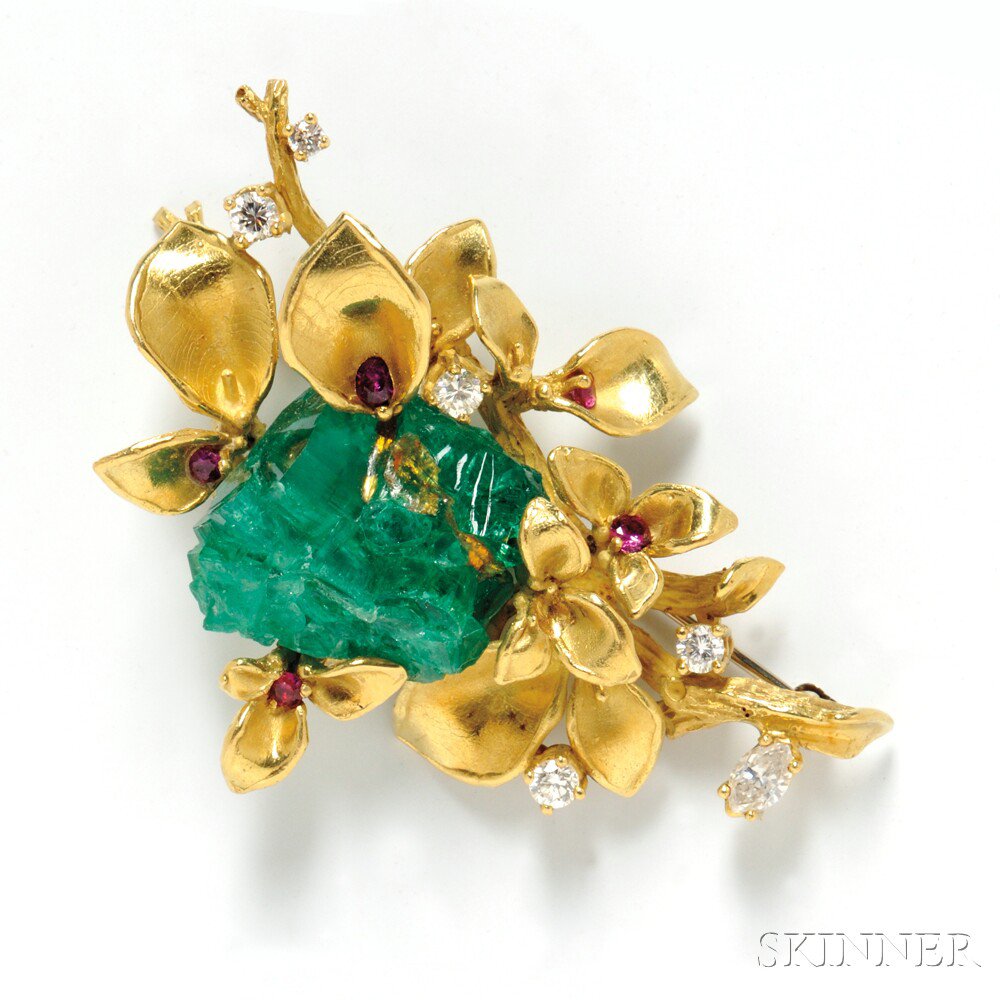 Appraisal: kt Gold Emerald and Gemstone Brooch with a large rough-cut