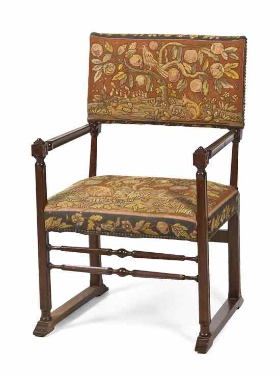 Appraisal: A Pair of Renaissance Revival Open Armchairs with needlepoint upholstered