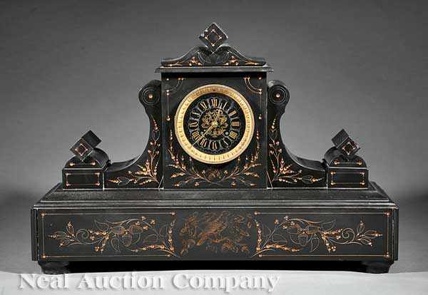 Appraisal: An American Aesthetic Gilt Incised Slate Mantel Clock c scrolled