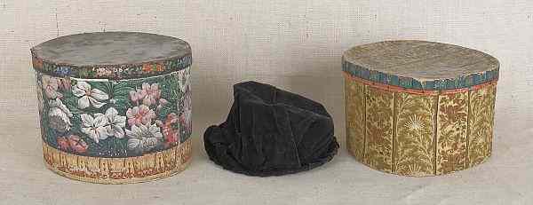 Appraisal: Two wallpaper hat boxes mid th c with floral decoration