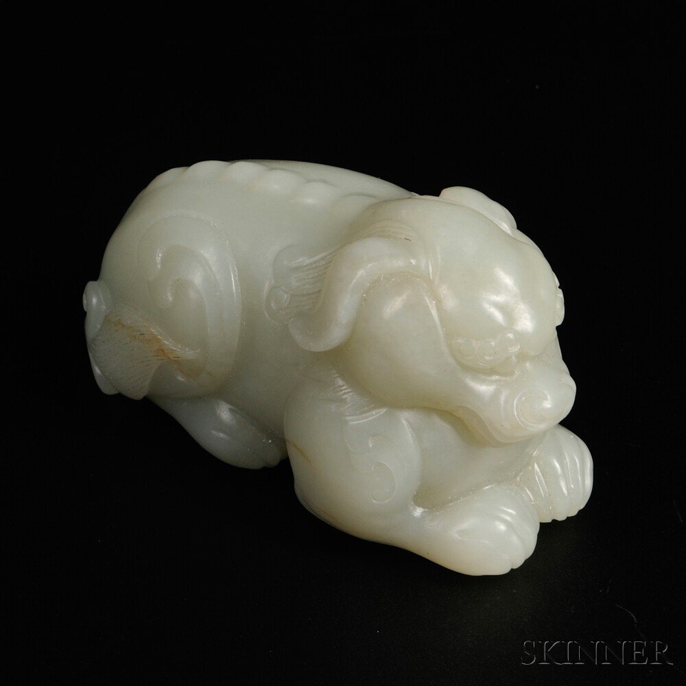 Appraisal: Jade Recumbent Foo Lion China stone of celadon color lg