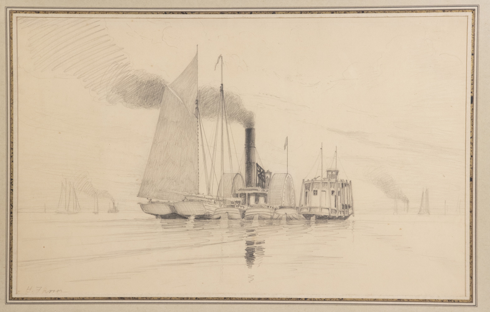 Appraisal: HENRY FARRER NY UK - Side-Wheelers graphite on paper signed