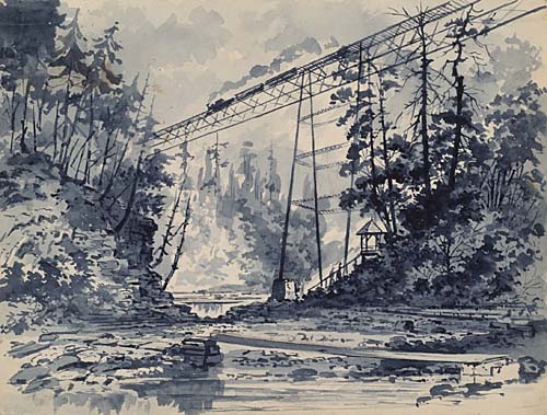 Appraisal: FRANK TAYLOR Landscape with a Railroad Bridge Brush and ink