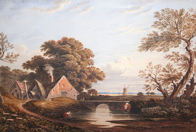 Appraisal: FOLLOWER OF JOHN VARLEYRiver landscape with cattle and distant windmill