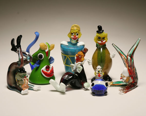 Appraisal: Seven Murano art glass whimsical clowns One with S Puccini