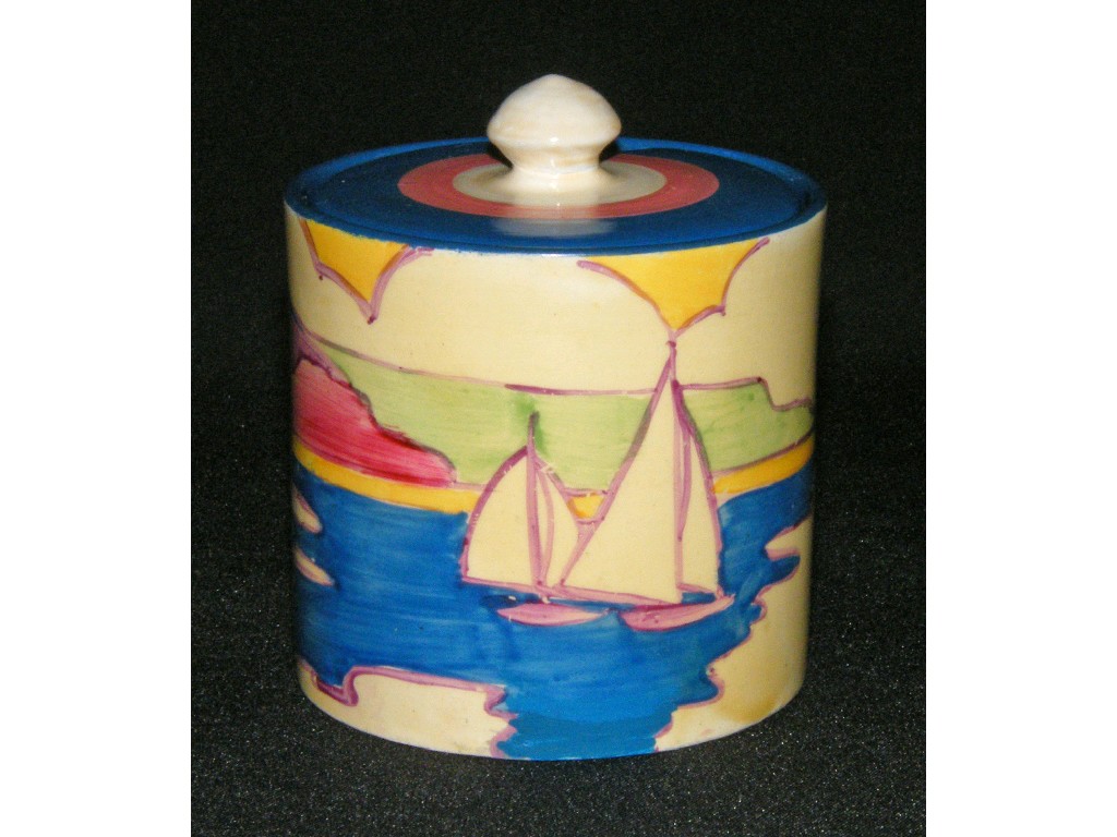 Appraisal: Clarice Cliff 'Gibraltar' Bizarre cylindrical preserve pot and cover gold