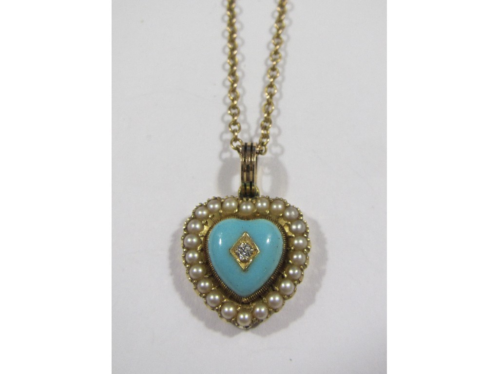 Appraisal: Victorian unmarked gold turquoise diamond and seed pearl remembrance locket