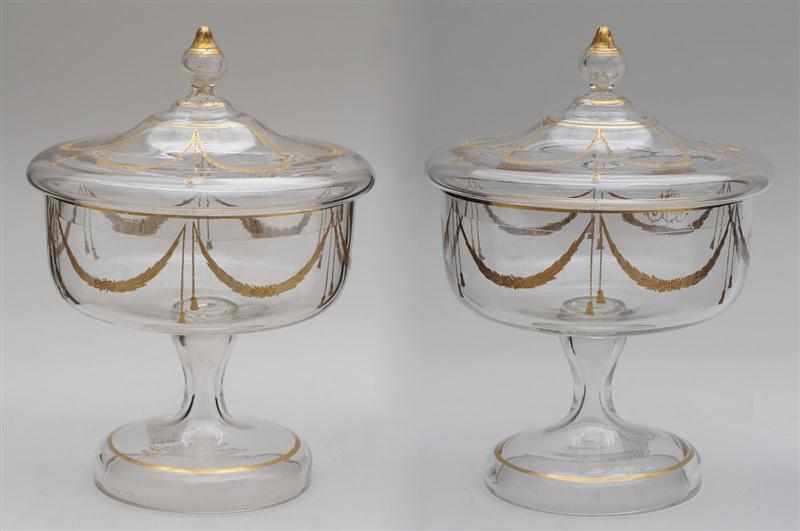 Appraisal: PAIR OF FRENCH GILT GLASS COMPOTES Each with a domed