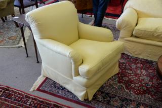 Appraisal: Custom upholstered easy chair in woven silk Custom upholstered easy