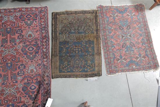 Appraisal: THREE ORIENTAL MATS Salmon and blue with floral motif ''