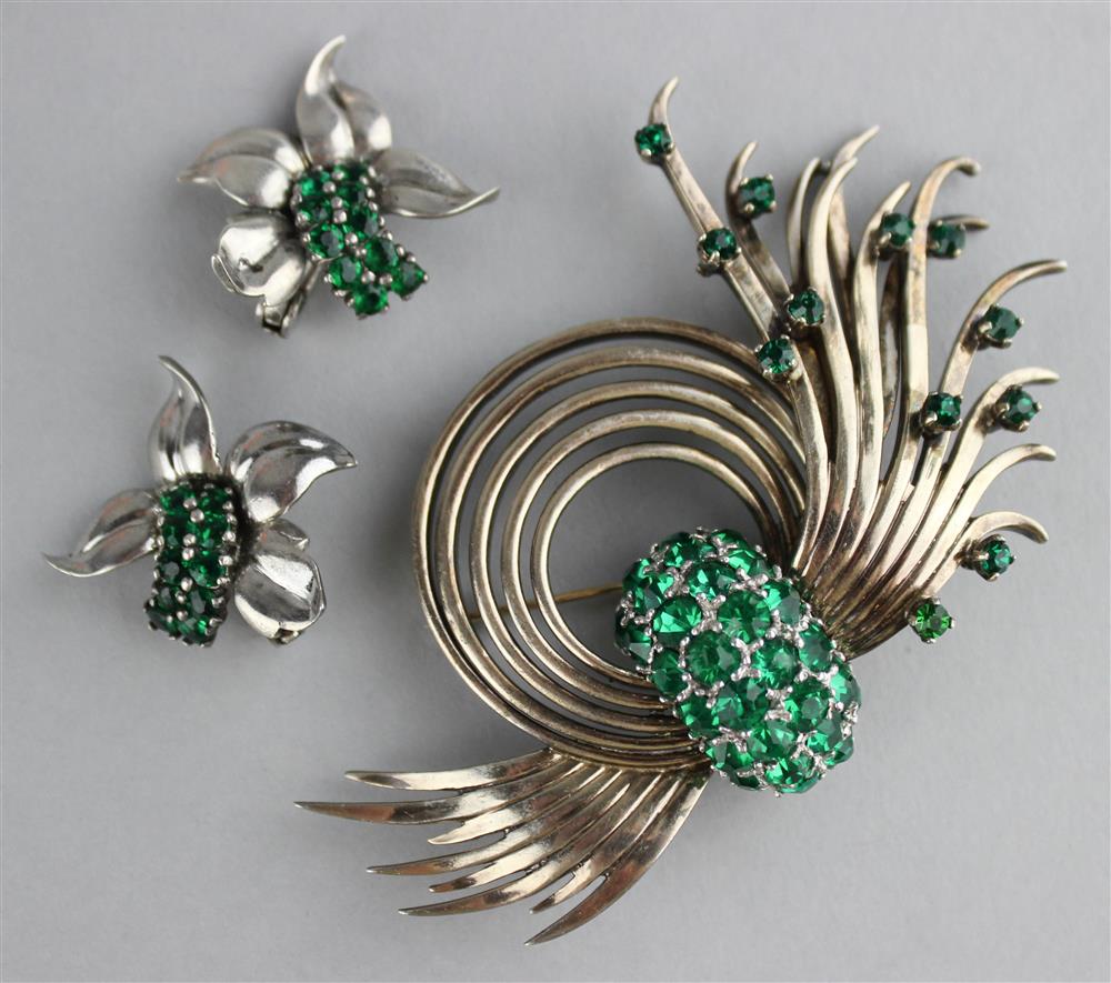 Appraisal: PENNINO STERLING PIN WITH GREEN RHINESTONES WITH MATCHING PAIR OF