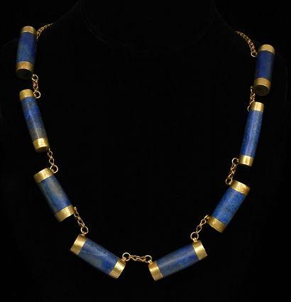 Appraisal: EARLY PERSIAN BARREL-SHAPED LAPIS BEAD AND GOLD CHAIN NECKLACE in