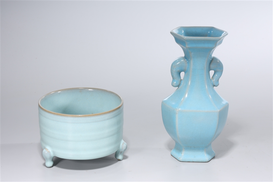 Appraisal: Two Chinese glazed ceramics inculding a tripod censer and hexagonal