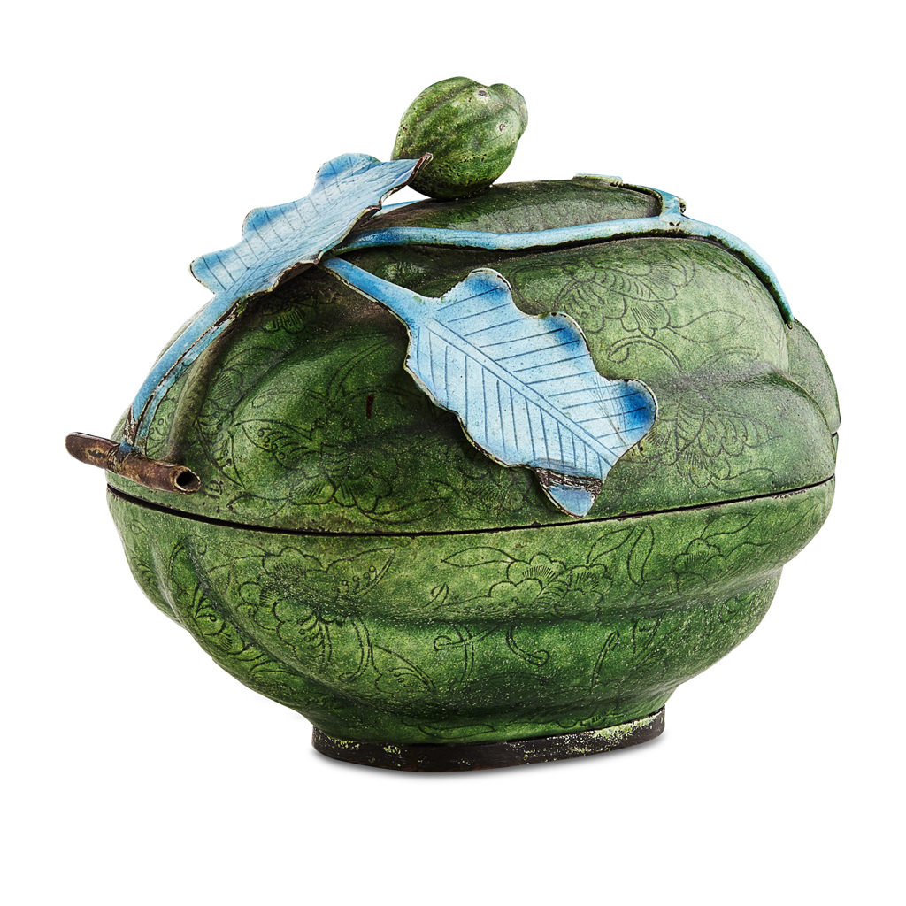 Appraisal: CLOISONN ENAMEL MELON-FORM BOX AND COVER TH CENTURY the box