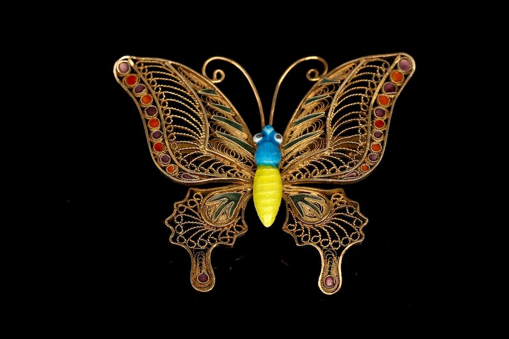 Appraisal: SILVER ENAMELED BUTTERFLY BROOCH Designed as a butterfly with openwork