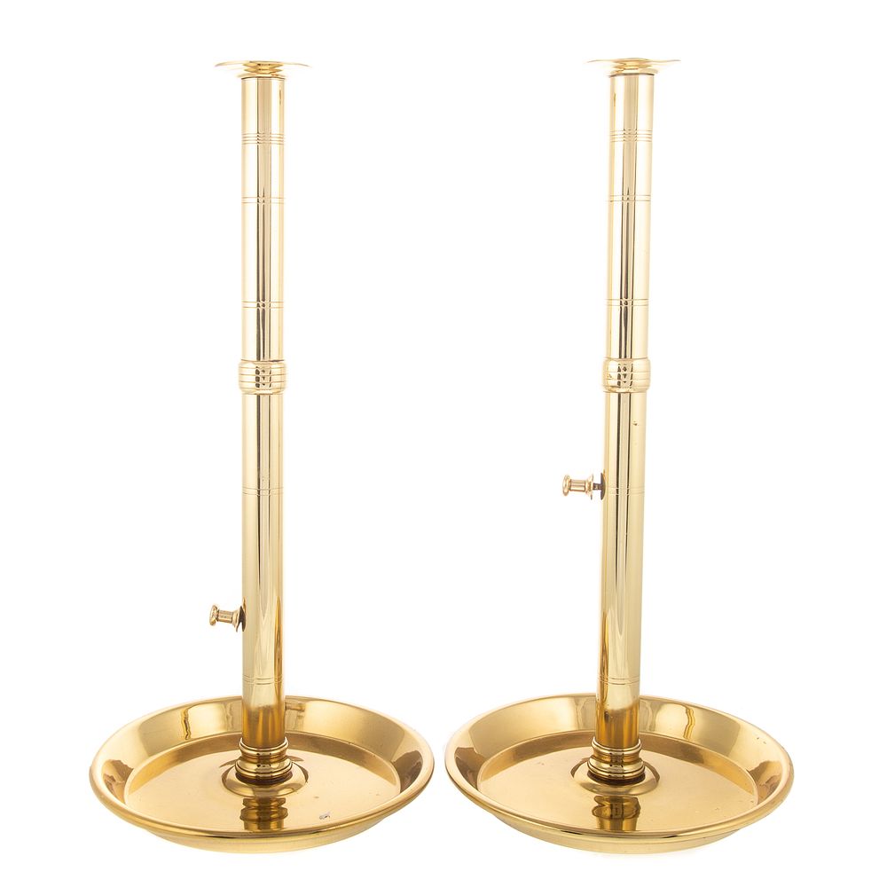 Appraisal: Pair English Brass Tavern Candlesticks With ejectors and dish base