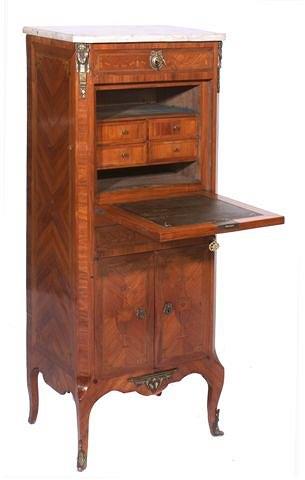 Appraisal: A FRENCH KINGWOOD AND MARQUETRY ESCRITOIRE with white marble top