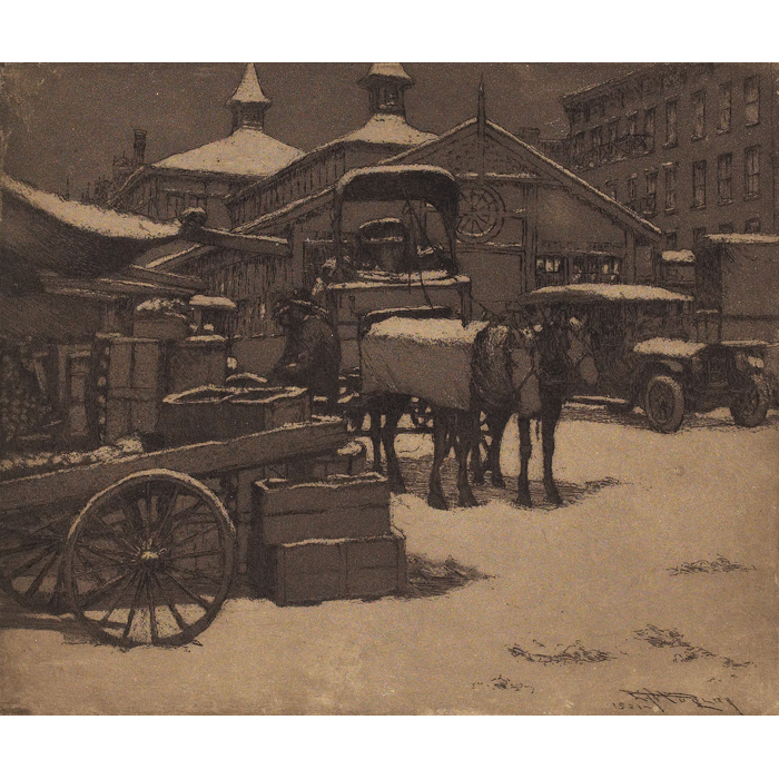 Appraisal: E T Hurley etching market scene possibly Findlay market x