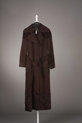 Appraisal: Akris dark brown long wool coat with alpaca trim belt