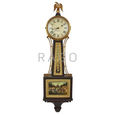 Appraisal: E HOWARD BANJO CLOCK Mahogany case the reverse painted panels