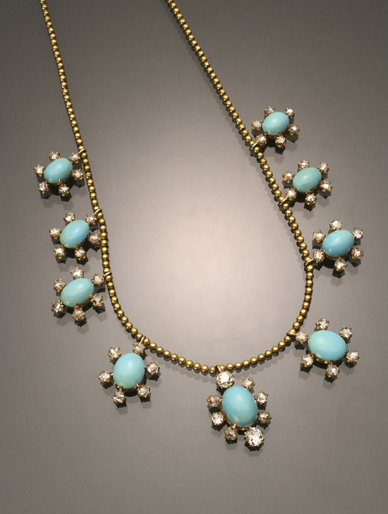 Appraisal: Victorian Tested -Karat Yellow-Gold Turquoise and Diamond Necklace Circa The