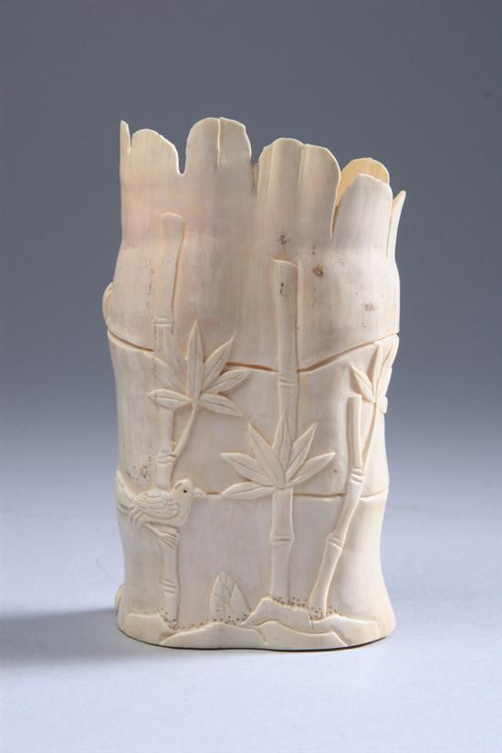 Appraisal: CHINESE CARVED IVORY BRUSH HOLDER Qianlong mark Of bamboo form