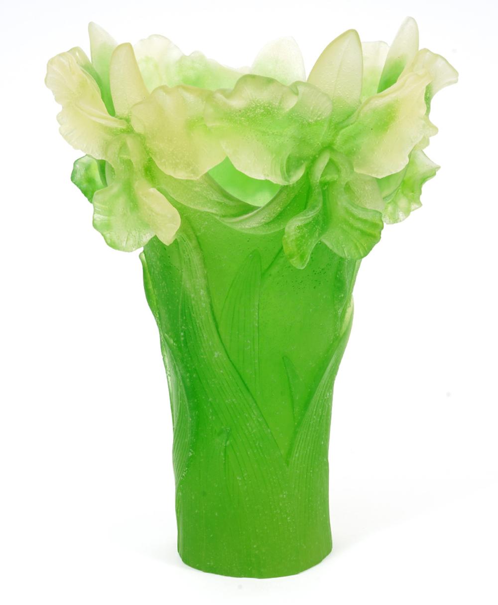 Appraisal: DAUM PATE DE VERRE GREEN IRIS VASEDaum Pate de Verre