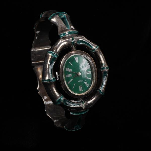 Appraisal: Gucci Sterling Silver Green Enamel Swivel Lady's Designer Bracelet Watch