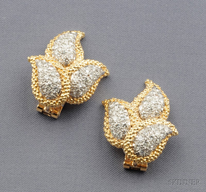 Appraisal: kt Gold and Diamond Earclips Ostier of foliate form pave-set